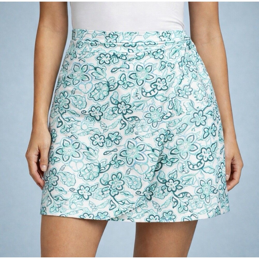 Rip Skirt Sea Glass Teal Aqua Blue Floral Wrap Mini Length 1 Pocket Skirt Medium